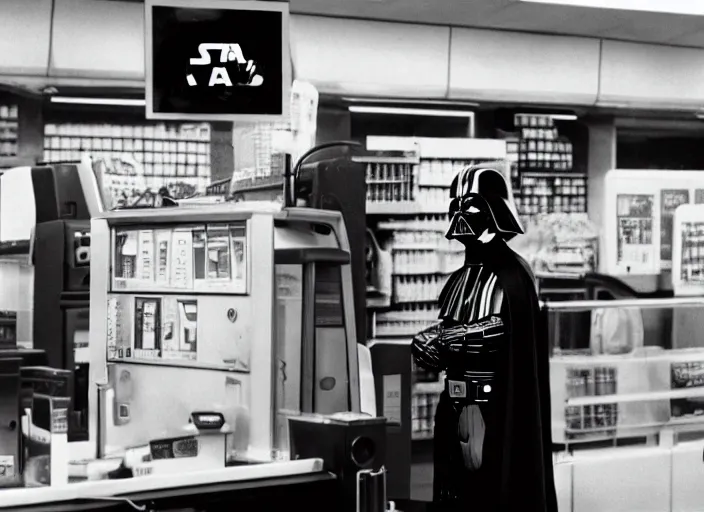 Image similar to film still of Darth Vader working as a clerk in a convenience store in the new Star Wars movie, 4k, black and white