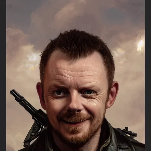 Image similar to portrait painting of simon pegg smiling with a winchester, ultra realistic, concept art, intricate details, eerie, highly detailed, photorealistic, octane render, 8 k, unreal engine. art by artgerm and greg rutkowski and alphonse mucha