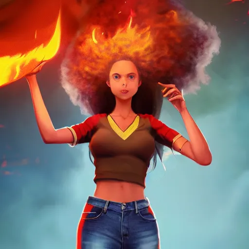 Prompt: nagatoro accurate brown skin color, using white and red tight raglan sleeves, tight blue jeans, in a tropical forest, burning hair glowy fire flames hair in flames hair fire hair, artstation, 3 d ray tracing, lumen, octane render flawless masterpiece concept art professionally post processed by wlop