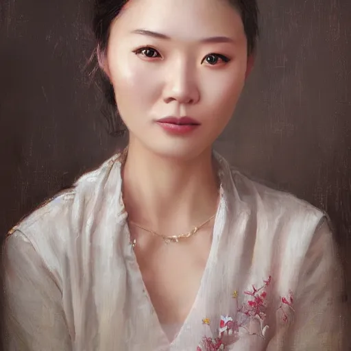 Image similar to portrait of a taiwanese woman ( 3 5 ) from taiwan, an oil painting by ross tran and thomas kincade