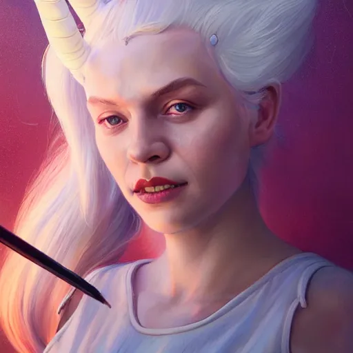 Image similar to a girl with lush white hair and a unicorn horn on head, portrait, rim light, vintage, highly detailed, oil painting, digital illustration, concept art, smooth, sharp focus, pleasing aesthetics, josan gonzalez, ralph mcquarrie