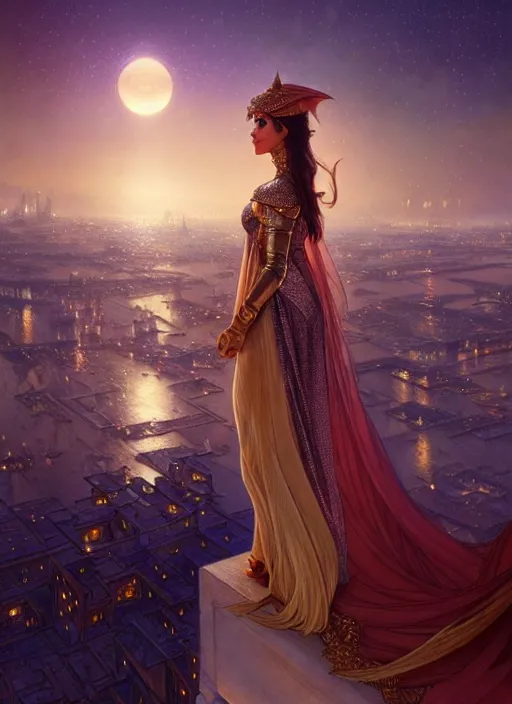 Image similar to an arabian princess looking over her city at night in the rain, shiny, fantasy, intricate, elegant, hyper detailed, ultra definition, photoreal, artstation, unreal engine rendered, concept art, smooth, sharp focus, illustration, art by artgerm and greg rutkowski and alphonse mucha and garis edelweiss