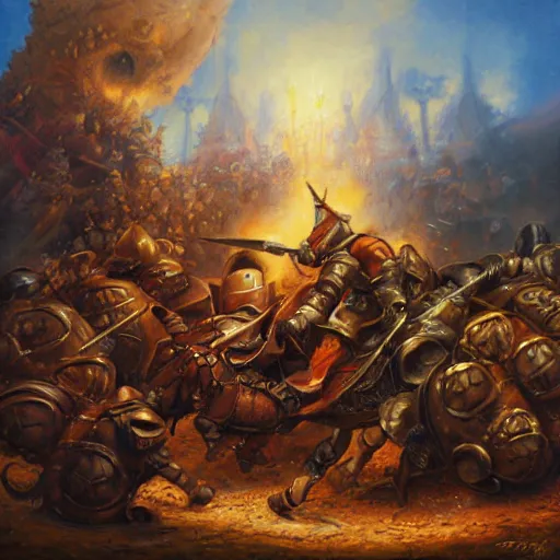 Image similar to knights fighting, oil painting by justin gerard, deviantart