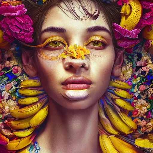 Image similar to the portrait of an absurdly beautiful, graceful, and elegant woman made of bananas and petals, an ultrafine detailed illustration by kim jung gi, irakli nadar, intricate linework, bright colors, final fantasy, behance contest winner, angular, unreal engine 5 highly rendered, global illumination, radiant light, detailed and intricate environment