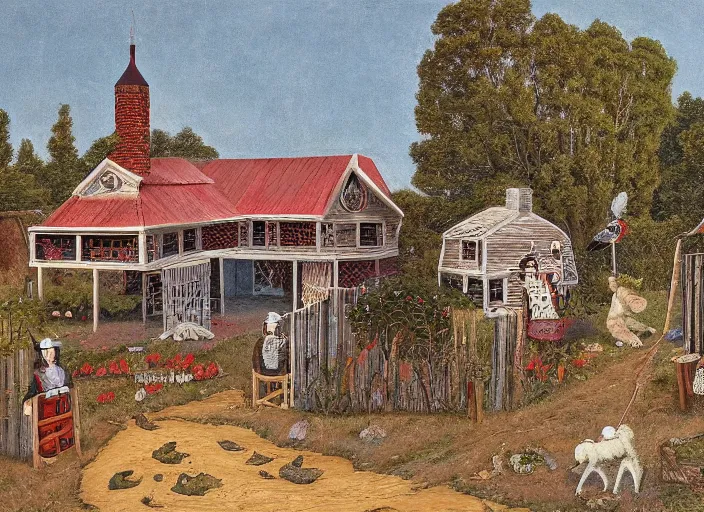 Image similar to folk art, lowbrow, matte painting, 3 - d highly detailed, in the style of anna mary robertson moses,