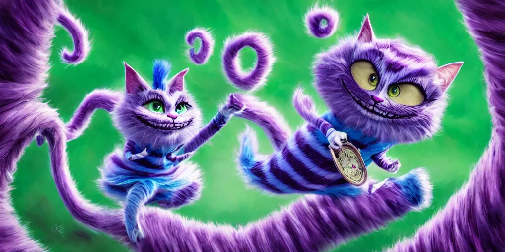 Prompt: The Cheshire Cat, Alice in wonderland, colorful, wide angle, super highly detailed, professional digital painting, artstation, concept art, smooth, sharp focus, no blur, no dof, extreme illustration, Unreal Engine 5, Photorealism, HD quality, 8k resolution, cinema 4d, 3D, beautiful, cinematic, art by artgerm and greg rutkowski and alphonse mucha and loish and WLOP