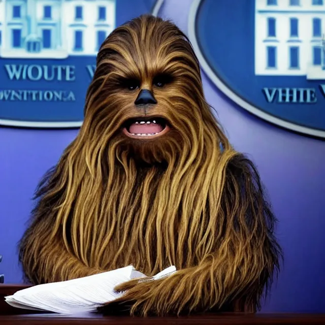 Prompt: president chewbacca answering questions at a press conference in the white house briefing room, associated press photo, photojournalism