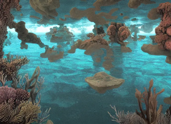 Prompt: an underwater landscape painted by, mc escher, gordon onslow ford, georgia o'keeffe and ippolito caffi, cinematic light, zbrush central,