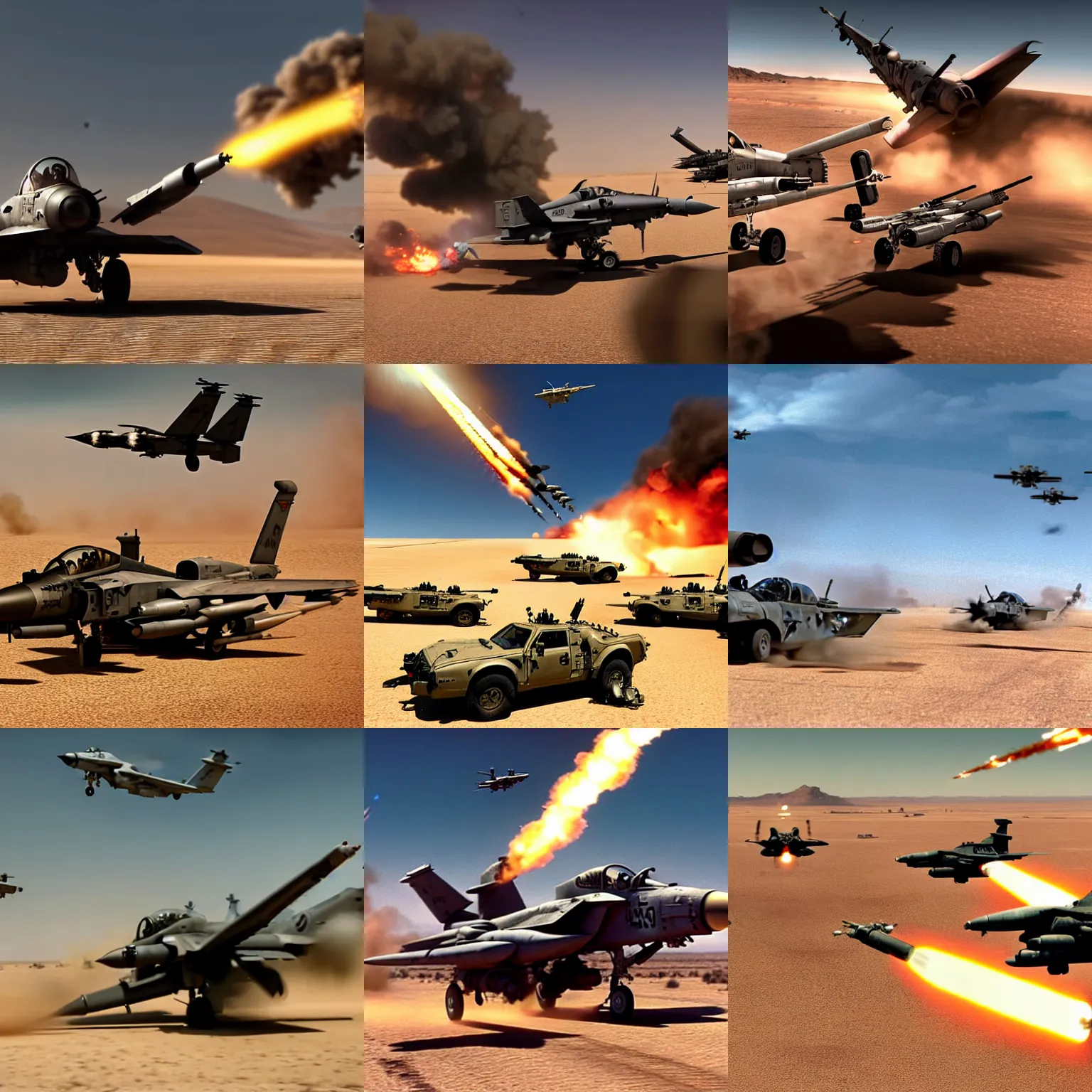 Prompt: a gritty hyperdetailed photorealistic a - 1 0 warthog ground attack aircraft shooting a gatling gun at a small group of vehicles in the desert, cinematic framing, cinematatic lighting, cinematic shadows, in the style of top gun maverick