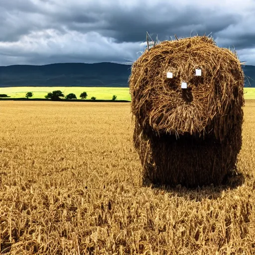 Image similar to a hay monster in a field looking ominously at the camera