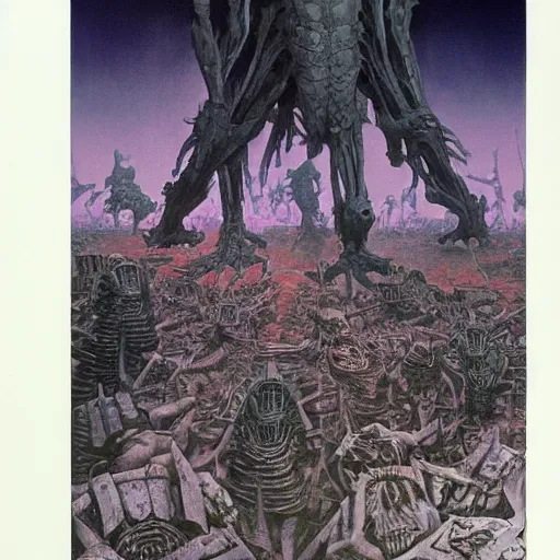 Image similar to mcdonald's in a city in hell, wayne barlowe painting