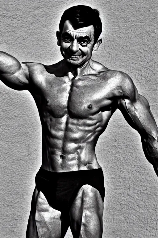 Image similar to Mr Bean is a jacked muscle builder gigachad, grayscale photography