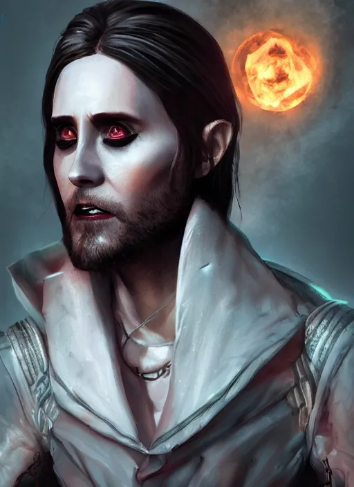 Image similar to A fantasy comic book style portrait painting of Jared Leto as a vampire race in a atmospheric dark fortress, unreal 5, DAZ, hyperrealistic, octane render, RPG portrait, ambient light, dynamic lighting