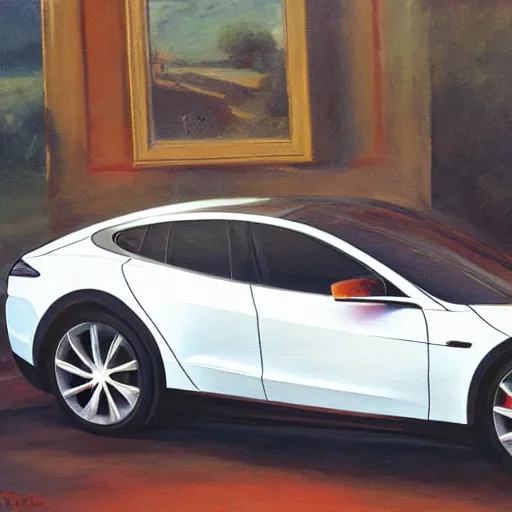 Prompt: telsa electric car, painting by raphael