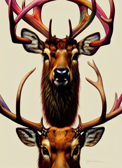 Image similar to symmetry!! portrait of antlered deer wearing a colorful beanie!, ( piercings ), intricate, elegant, highly detailed, digital painting, artstation, concept art, smooth, sharp focus, illustration, art by artgerm and greg rutkowski and alphonse mucha, 8 k