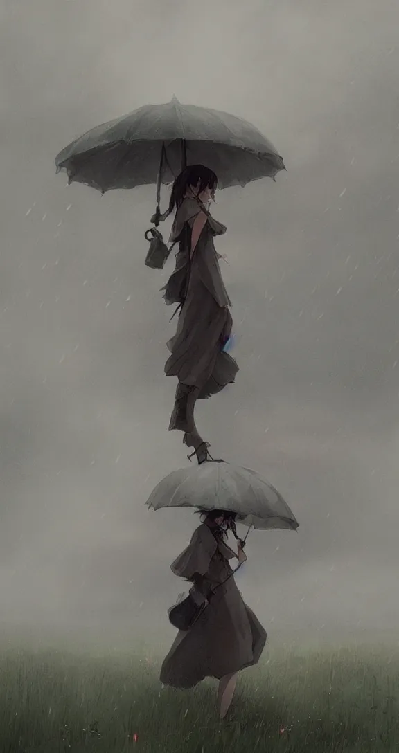 Image similar to Holding an umbrella in a thunderstorm in the prairie, pretty, by Studio Ghibli and Greg Rutkowski, artstation