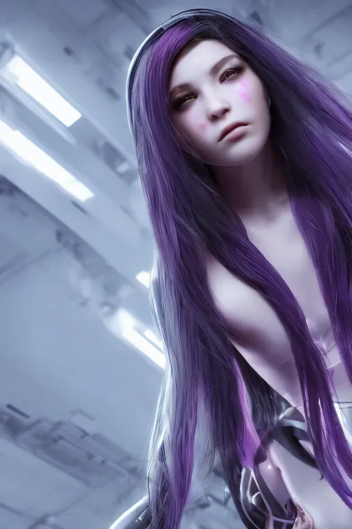 Image similar to cybernetic girl with long purple hair from the future, wires connected to servers behind, photo realistic, 4k unreal engine 5 render, by wlop