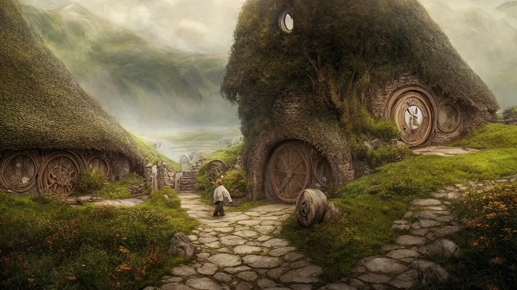 Image similar to frodo returning to bag end at the end of his journey, hobbiton, hobbits visible in the distance, by alan lee, michal karcz, smooth details, lord of the rings, game of thrones, smooth, detailed terrain, oil painting, trending artstation, concept art, fantasy matte painting