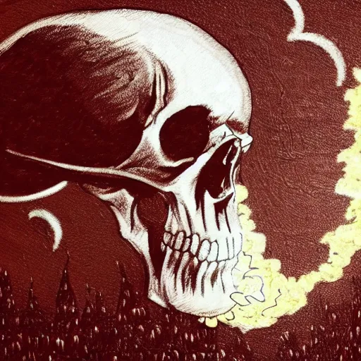 Image similar to a person with a mushroom cloud instead of a head, skull explosion, dark, fine detail heavy metal gritty style