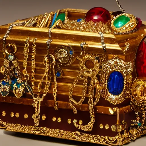 Image similar to A Ayleid chest filled with jewels and golden artefacts, 4k, hdri, museum quality photo