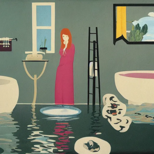 Image similar to female emo art student in her bathroom, painting of flood waters inside an artist's feminine bathroom, a river flooding indoors, pomegranates, pigs, ikebana, water, octopus, river, rapids, waterfall, black swans, canoe, berries, acrylic on canvas, surrealist, by magritte and monet