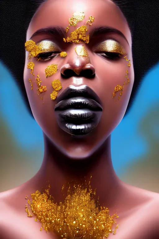 Prompt: hyperrealistic precisionist cinematic profile very expressive! black oshun goddess, in water! up to shoulders, mirror dripping droplet!, gold flowers, highly detailed face, digital art masterpiece, smooth eric zener cam de leon, dramatic pearlescent turquoise light on one side, low angle uhd 8 k, shallow depth of field, fashion photography