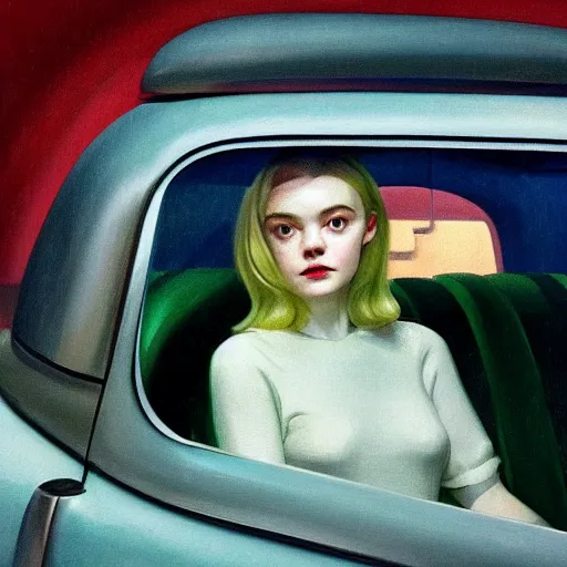 Prompt: Elle Fanning sleeping in the backseat of a 50s car in the world of Edward Hopper, stormy weather, extremely detailed masterpiece, oil on canvas, low-key neon lighting, artstation, Blade Runner 2049, Roger Deakin’s cinematography, by J. C. Leyendecker and Peter Paul Rubens,