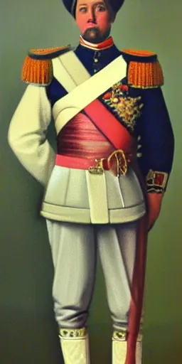 Image similar to young russian tsar. fullbody. oil paint.