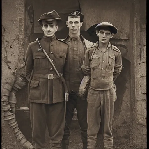 Image similar to a detailed photorealistic sepia - toned photo of a 1 9 1 7 clean - shaven british lieutenant and soldiers standing with a bedouin trader and a young arab boy, ultra realistic, painted, intricate details, lovecraft, atmospheric, dark, horror, brooding, highly detailed, by clyde caldwell