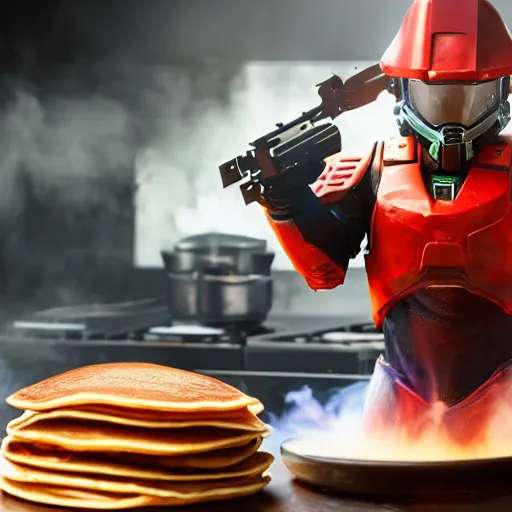 Image similar to master chief wearing a chef hat cooking a stack of pancakes hyper real, 8k, colorful, 3D cinematic