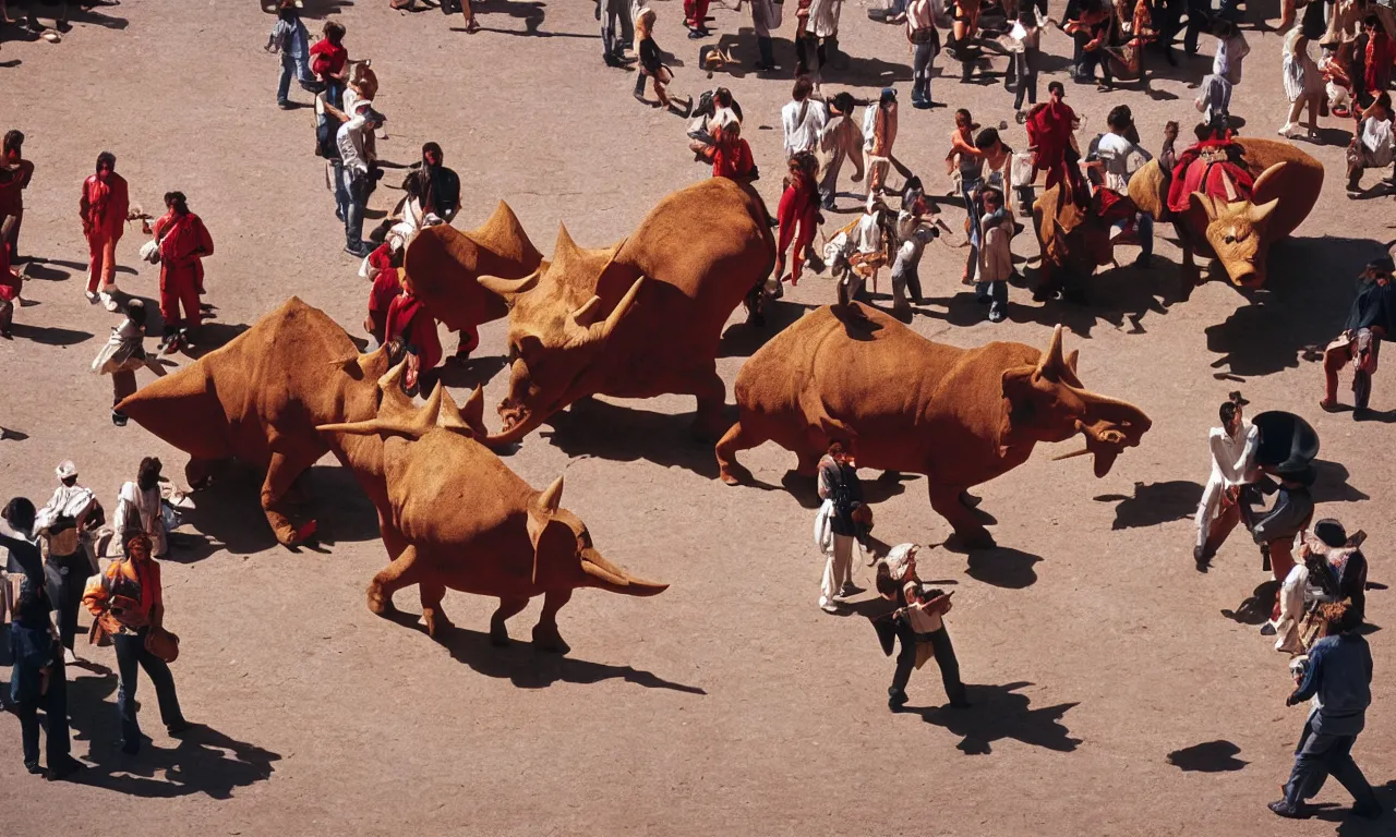 Image similar to a troubadour and a triceratops facing off in the plaza de toros, madrid. extreme long shot, midday sun, kodachrome