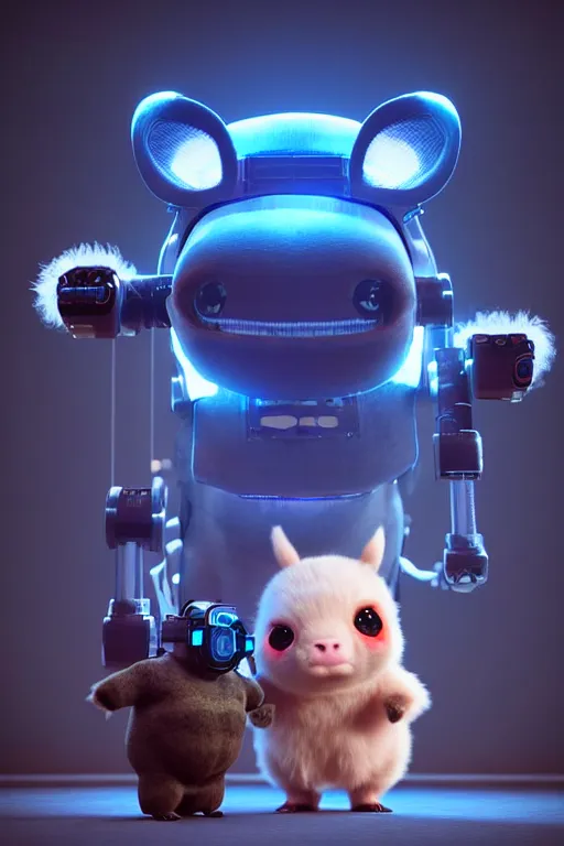 Image similar to high quality 3 d render sci - fi very cute cyborg cow & fluffy! wombat!! hybrid! drinking beer, highly detailed, unreal engine cinematic smooth, in the style of blade runner & detective pikachu, hannah yata charlie immer, dark blue neon light, low angle, uhd 8 k, sharp focus