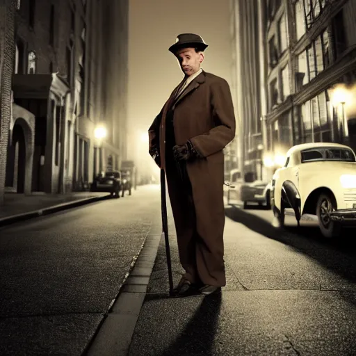 Prompt: an brown haired man with a squarish chin wearing a 1 9 4 0's noire detective outfit, standing in the streets of chicago at night, photography 4 k, octane render, highly realistic photograph