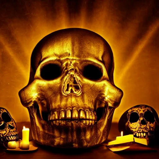 Image similar to a dark ominous chiaroscuro baroque still life photo of a ray of god light shining on a floating golden skull completely covered in ancient runic engravings inscriptions about prophecies, spells, ominous darkness background. weirdcore