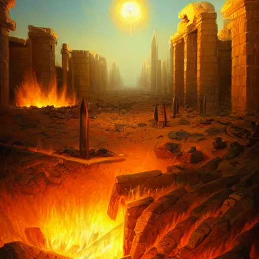 Image similar to digital art of fire and hail destroy a 4000BC middle eastern town by andreas rocha and john howe, and Martin Johnson Heade, featured on artstation, featured on behance, golden ratio, f32, well composed, cohesive