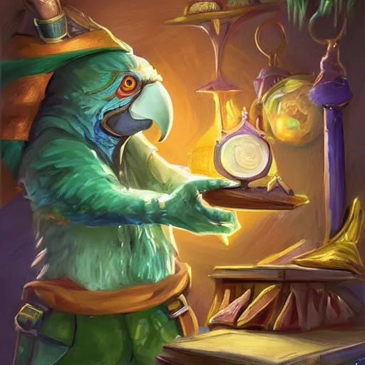 Image similar to Magic the gathering artwork of Anthropomorphized parrot shopkeeper in his fully stocked shop, shelves full, selling a gem, portrait, items, magic potions, carpet, window, fancy funny hat, sly expression , cunning expression, cute expression, presenting magic gem, D&D, fantasy, cinematic lighting, highly detailed, digital painting, artstation, concept art, smooth, sharp focus, illustration, warm light, cozy warm tint, magic the gathering artwork, volumetric lighting, 8k, no gold, no gold colours, art by Akihiko Yoshida and Greg Rutkowski