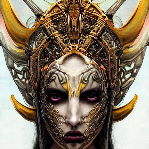 Image similar to Elden Ring themed painting of hybrid majestic aztec warrior princess fantasy biomechanical human beautiful immortal feminine angel symmetrical face angry mask closeup face breathing mask tattoo pattern golden ratio concept, deep forest psytrance Neo-Gothic concept, infinity glyph waves, intricate artwork masterpiece, very coherent artwork, cinematic, full frontal facial features by Artgerm, Takato Yamamoto, Zdizslaw Beksinski, Johnatan Wayshak, Moebius, Ayami Kojima, very anatomically coherent artwork, trending on cgsociety, ultra high quality model, production quality cinema model, high detail chromatic ink outline, octane render, unreal engine 8k, hyper realism, high detail, octane render, unreal engine, 8k, High contrast