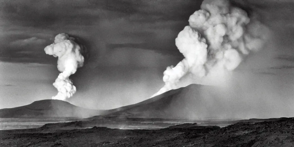 Prompt: A sebastiao salgado photograph of an Icelandic volcano violently erupting into space, a single stream of lava launching into the sky, the lava becomes lightning