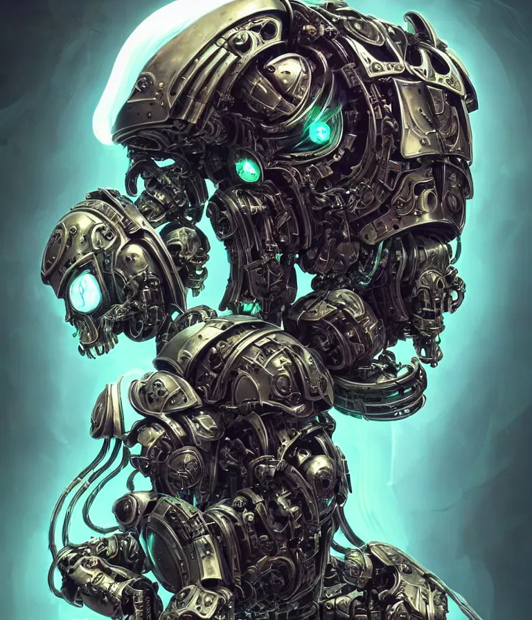 Prompt: fully symmetrical centered iridescent portrait of a corrupted space marine in full armour, skulls artificial muscles, ribcage, bones, hard surface modelling. cyberpunk look. biomechanical mask. bio luminescent biomechanical halo around head. neon jellyfish. artwork by jarold Sng by artgerm, by Eddie Mendoza, by Peter mohrbacher by tooth wu, unreal engine, octane render, cinematic light, high details, iridescent colors, dichroic, macro, depth of field, blur