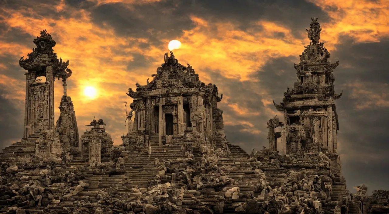 Image similar to Sacrifice to the sun god atop a temple, eerie, intense, dramatic, emotion, cinematic, sunset