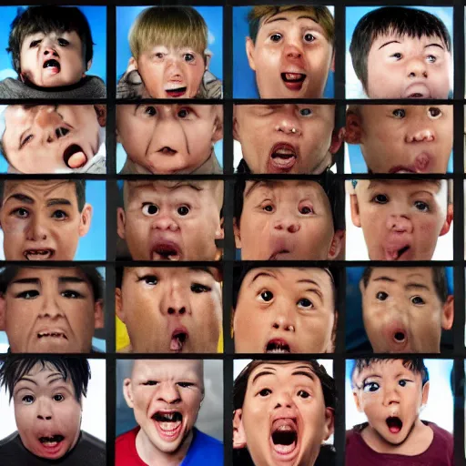 Image similar to a dozen furious faces hovering over a cowering child