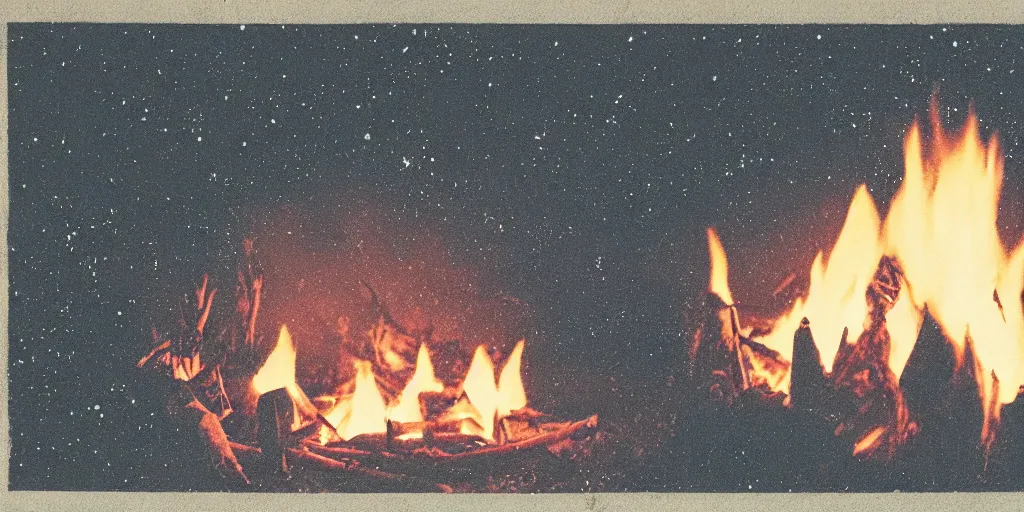 Prompt: a campfire under the stars, 1940s faded risograph print, limited color palette, earthtones, double-exposure