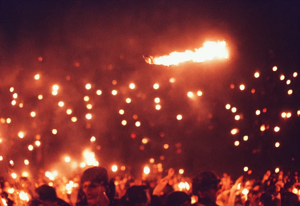 Prompt: lomo photo of a man holding a flare in a a protest crowd, cinestill, bokeh, out of focus, night, dramatic lighting, streetlight
