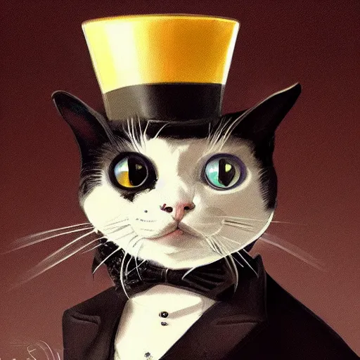 Image similar to A cat with wearing a top hat, stunning visuals, ultra detailed, dynamic lighting, trending on art station, concept art,