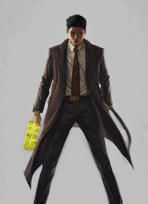 Image similar to a highly detailed illustration of Daniel Matsunaga as serious detective wearing detective coat, glowing yellow eyes, dramatic standing holding closed book pose, muscular, intricate, elegant, highly detailed, centered, digital painting, artstation, concept art, smooth, sharp focus, league of legends concept art, WLOP