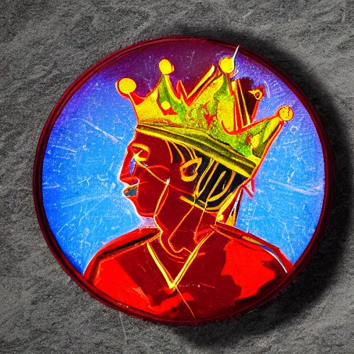 Prompt: colorful painted coin with the image of the sleeping king under a mountain by Jean-Michel Basquiat unreal engine behance hd unsplash contest winner