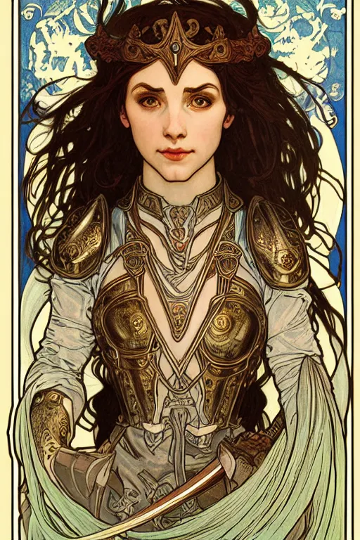 Image similar to head and shoulders portrait of an eldritch knight, elf, beautiful, female, breastplate, magical, high fantasy, d & d, by alphonse mucha, face details, extremely detailed, digital illustration