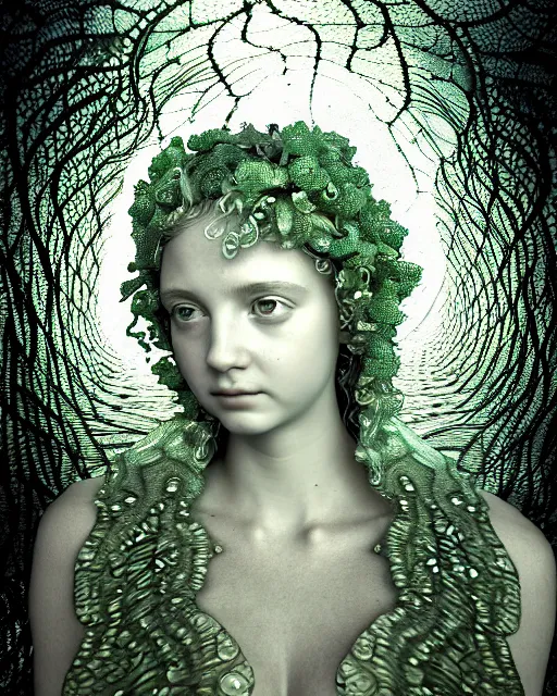 Image similar to surreal mythical dreamy underwater artistic bw 3 d render of a translucent beautiful young female angelic - medusa - vegetal - cyborg covered with fish scales and algae, highly detailed, intricate crystal ivy jelly fish scales ornate, poetic, octane render, 8 k, photo - realistic, by diane arbus in the style of gustave dore and pre - raphaelites