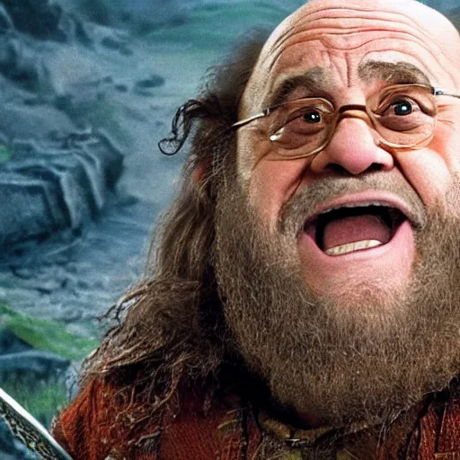 Image similar to movie still of danny devito starring as gimli in the 2 0 2 3 lord of the rings movie, full body, hyper realistic, high quality