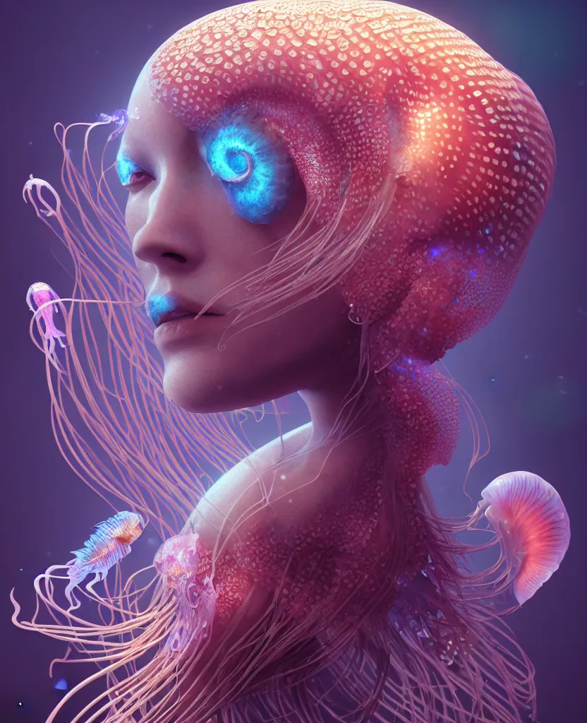 Image similar to goddess close-up portrait. orchid jellyfish phoenix head, nautilus, skull, betta fish, bioluminiscent creatures, intricate artwork by Tooth Wu and wlop and beeple. octane render, trending on artstation, greg rutkowski very coherent symmetrical artwork. cinematic, hyper realism, high detail, octane render, 8k